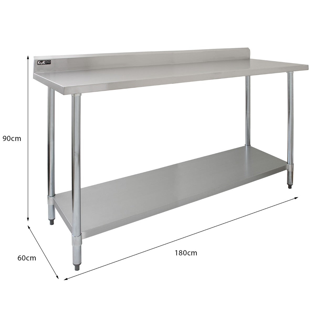 Edelstahl Gastrotisch von KuKoo mit glatter, glänzender Oberfläche, stabilen Beinen, unterer Ablagefläche und Abmessungen von 180x60x90 cm