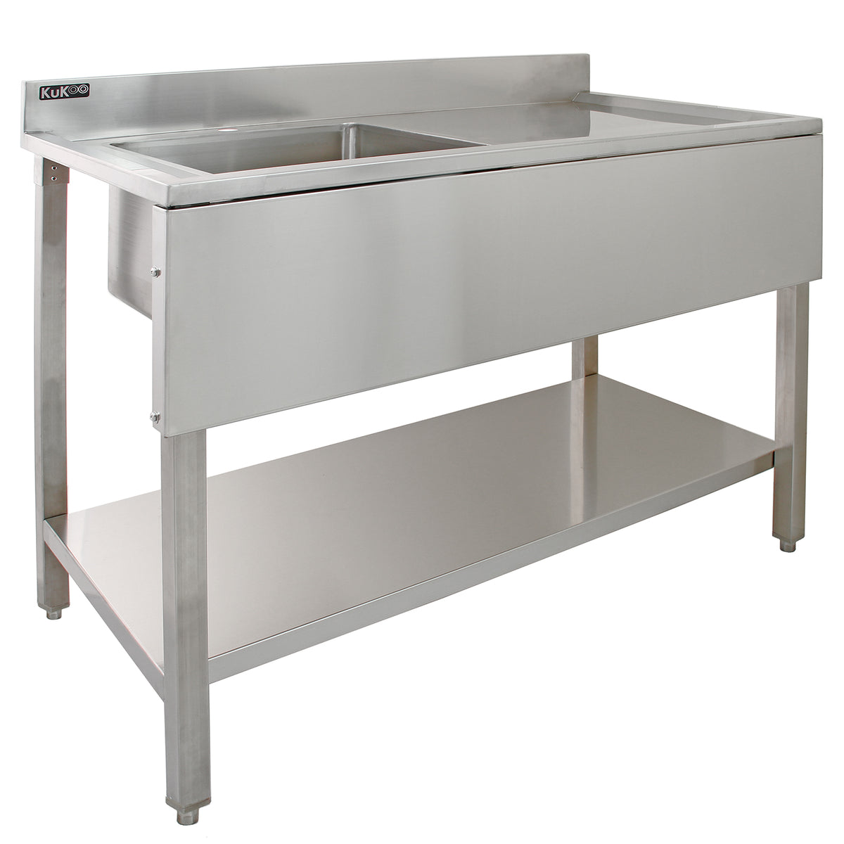 Edelstahl Gastrospüle mit einem linken Becken, glänzende Oberfläche, robuste Konstruktion, praktische Ablagefläche darunter, ideal für gewerbliche Küchen