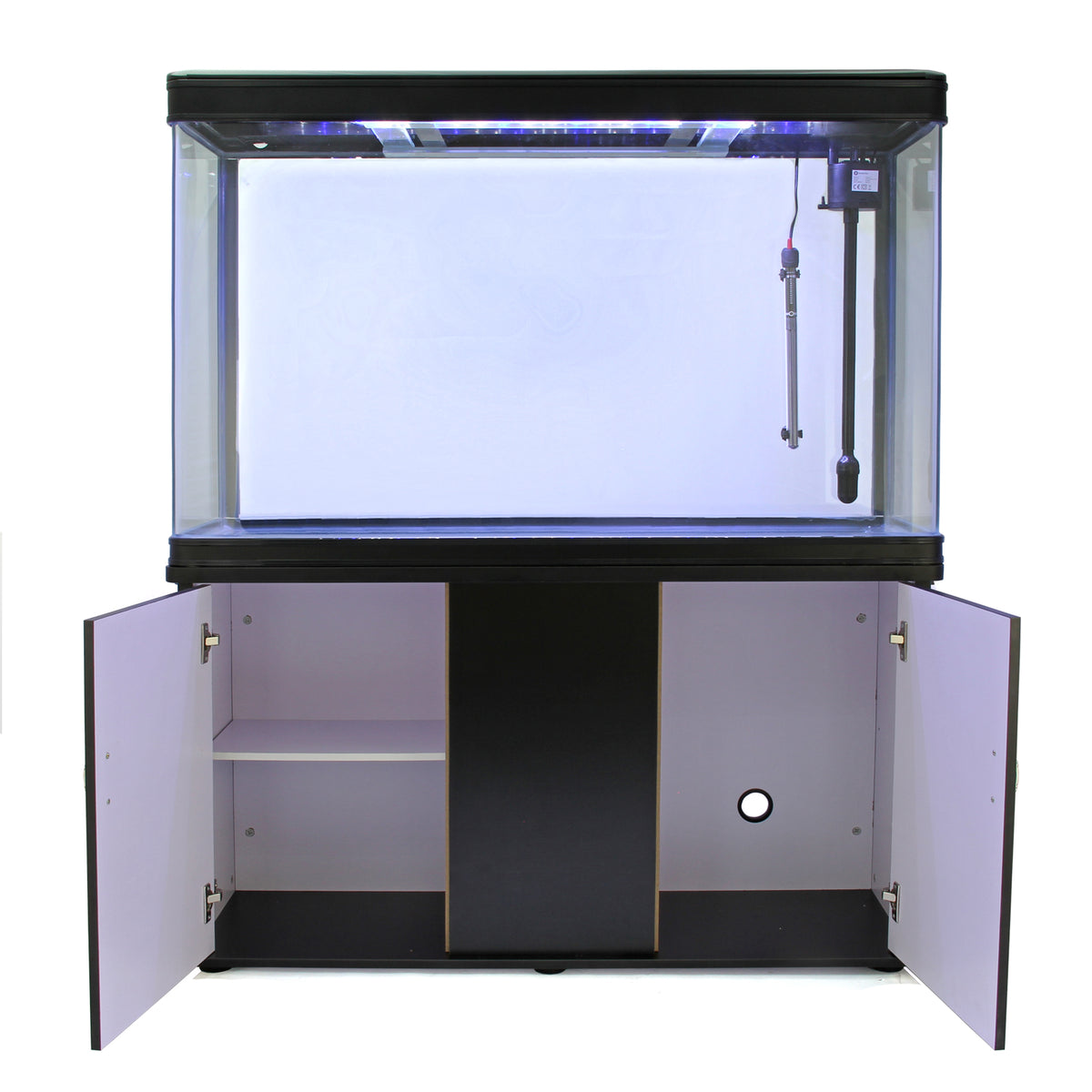 Schwarzes 300-Liter-Aquarium mit klaren Glaswänden, LED-Beleuchtung und einem eleganten Unterschrank in Schwarz und Weiß, ideal für Aquarienliebhaber