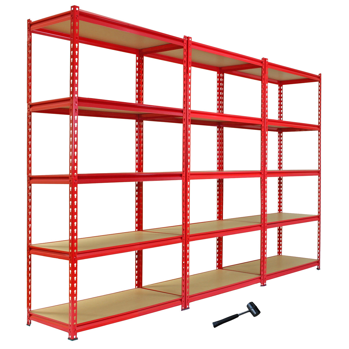 Drei rote Z-Rax Lagerregale mit neun stabilen Regalböden und einem Gummihammer, ideal für die Organisation von Werkzeugen und Materialien
