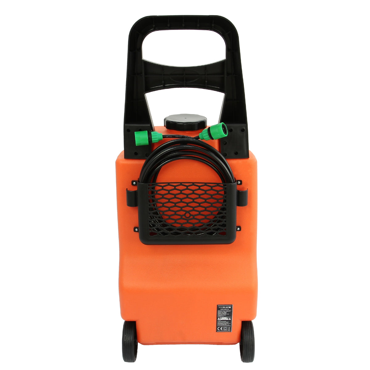 Wassertank auf Rädern in leuchtendem Orange mit schwarzem Griff, Schlauchhalter und grünem Schlauch, ideal für Fensterreinigung und hohe Reichweite