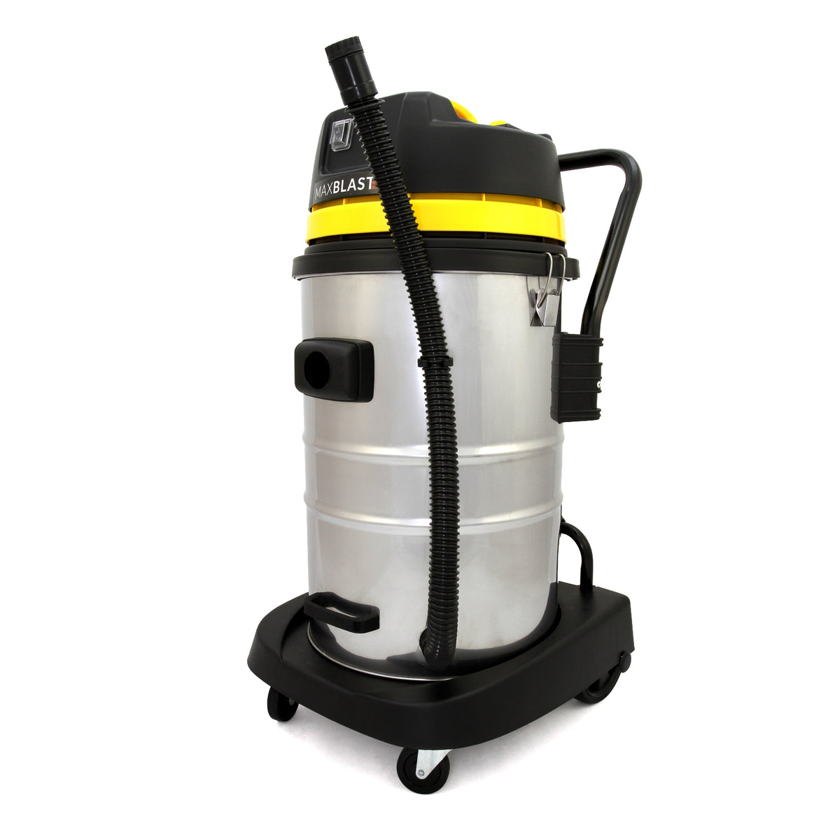Maxblast 50 Liter Industriesauger in Edelstahloptik mit gelben Akzenten, flexibler Schlauch, robustem Design und praktischen Rollen für einfache Mobilität