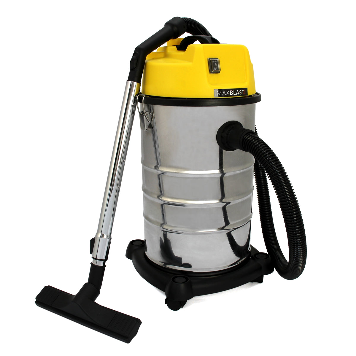 Robuster Maxblast Industriesauger mit 30 Litern, glänzendem Edelstahlbehälter, gelbem Deckel und flexibler Saugschlauch für effizientes Saugen