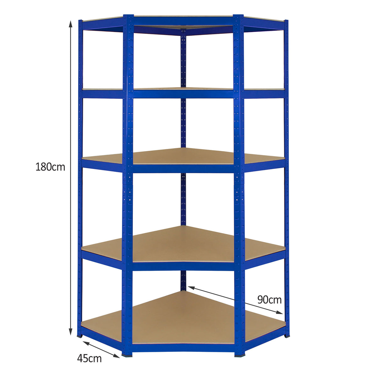 Eckregal in Blau mit fünf stabilen Regalböden aus Holz, ideal für Lagerung, Maße 90cm x 45cm x 180cm, robust und funktional