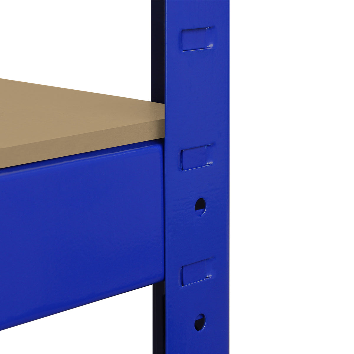 Blaues Monster Racking T-Rax Eckregal mit stabiler, beige Arbeitsfläche und robustem Metallrahmen, ideal für Lagerung und Organisation