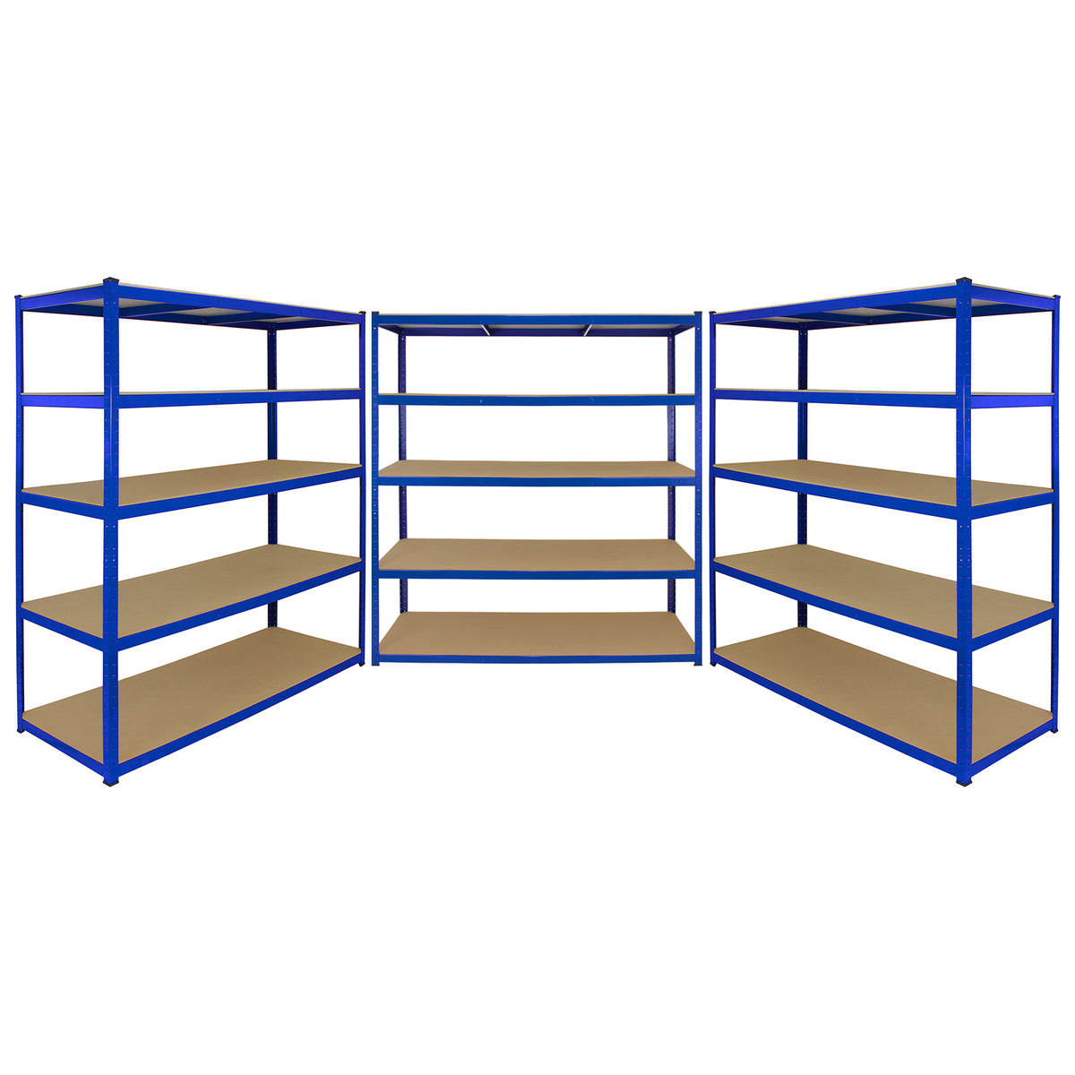 Breite, blaue Lagerregale mit stabilen Metallrahmen und robusten Holzregalen, ideal für die Organisation von Lagerflächen und Werkstätten