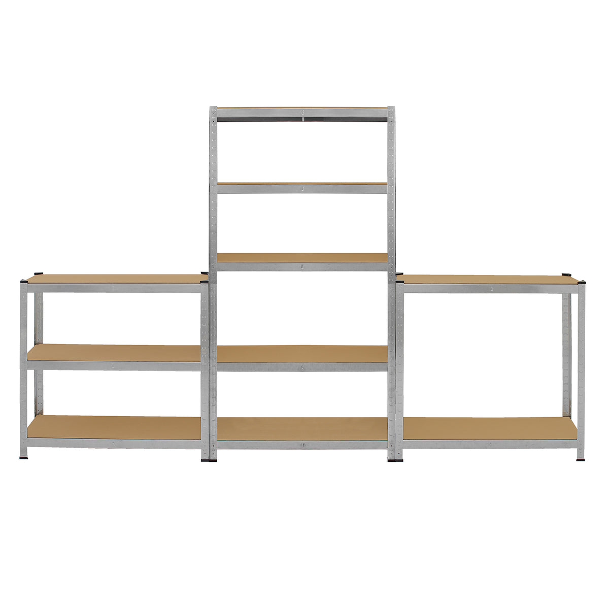 Vier Galwix Lagerregale in Silber mit braunen Holzregalen, stabiler Metallrahmen, ideal für Lagerung und Organisation in Werkstätten oder Garagen