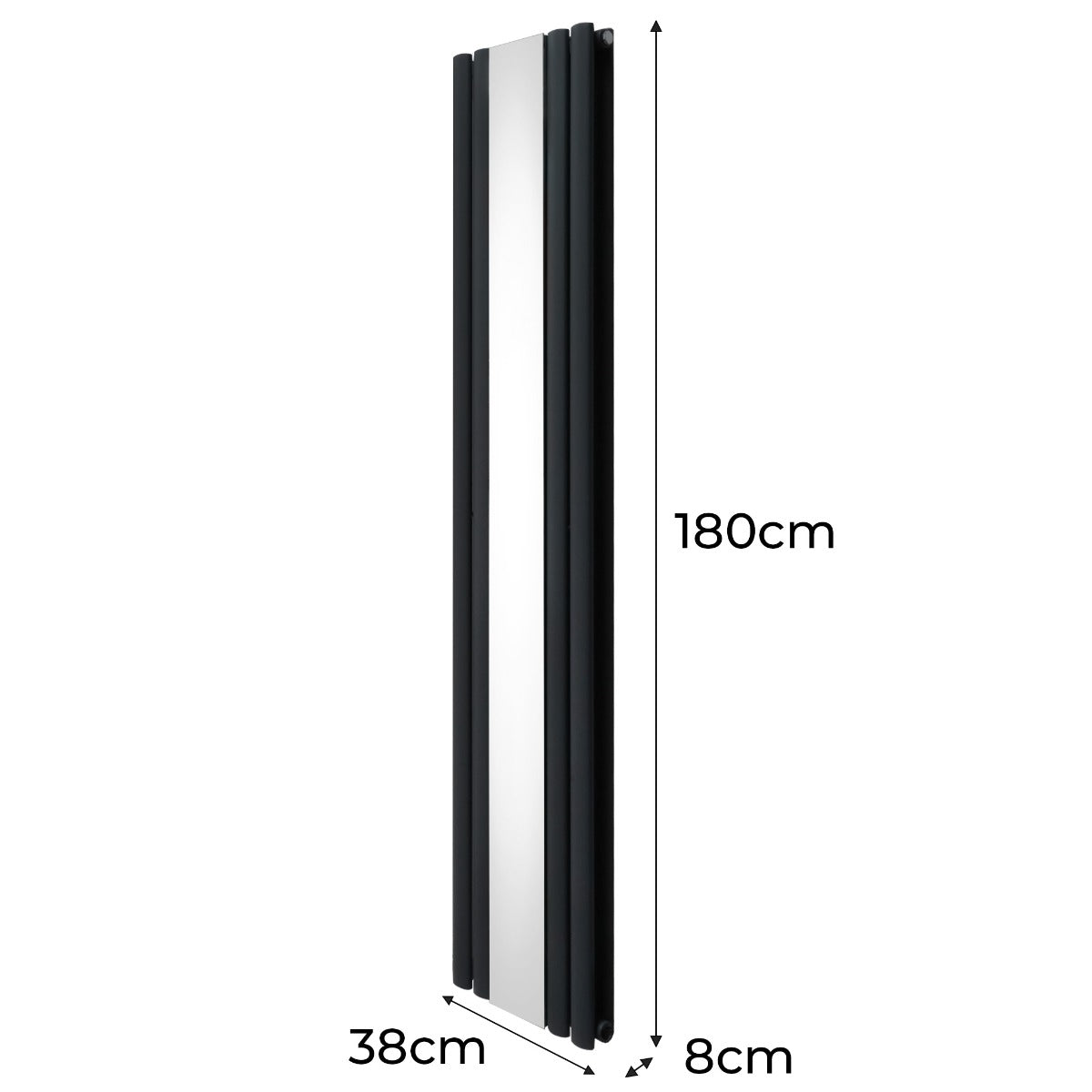 Ovaler Röhrenheizkörper in Anthrazitgrau mit integriertem Spiegel und Chrom-Thermostatventilen, Maße 1800mm x 380mm, modernes Design und glatte Oberfläche