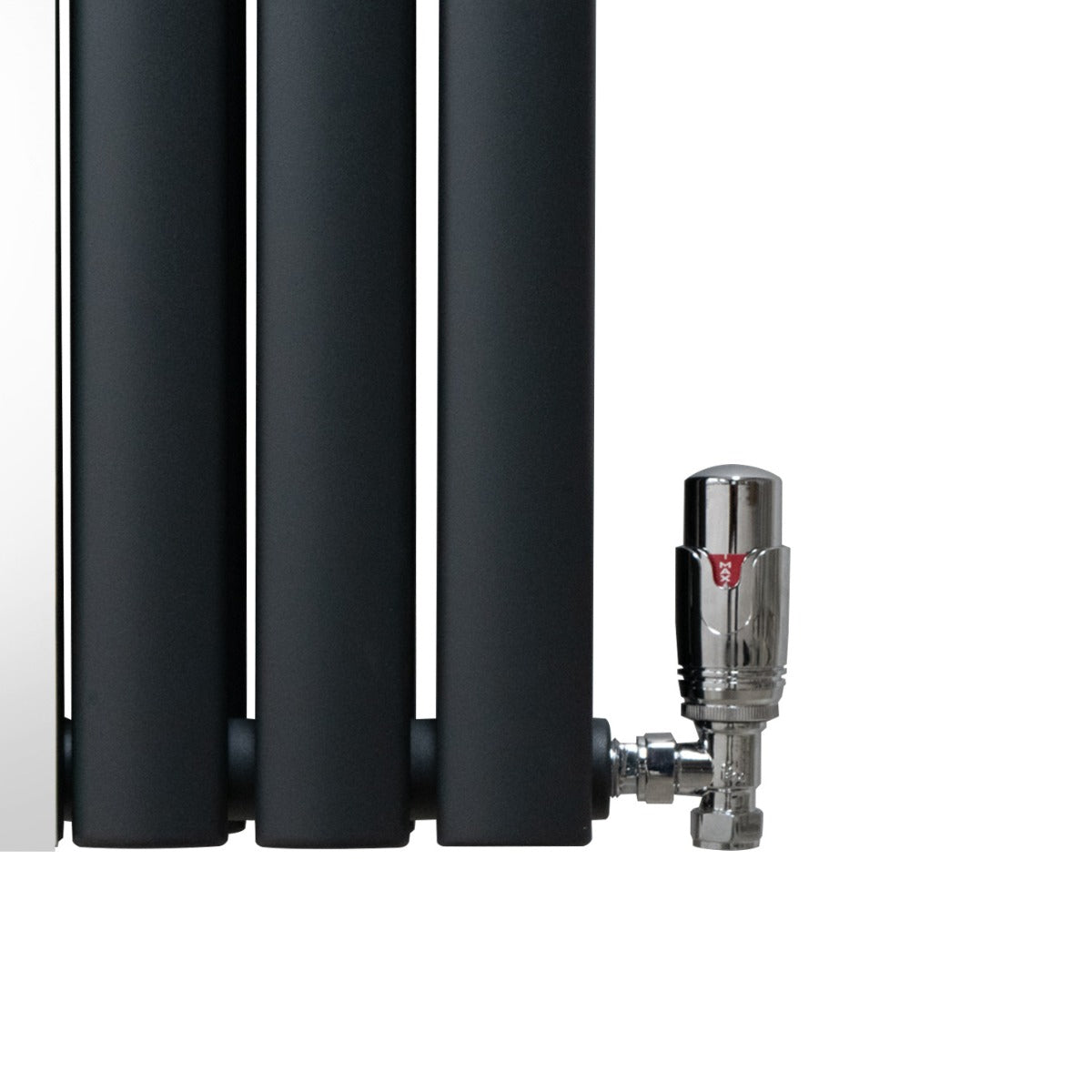Ovaler Röhrenheizkörper in Anthrazitgrau mit integriertem Spiegel und glänzenden Chrom-Thermostatventilen, 1800mm x 500mm, modern und elegant