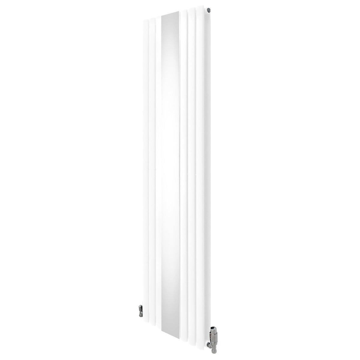 Ovaler Röhrenheizkörper in Weiß mit integriertem Spiegel und Chrom-Thermostatventilen, 1800mm x 500mm, elegantes Design und glatte Oberfläche