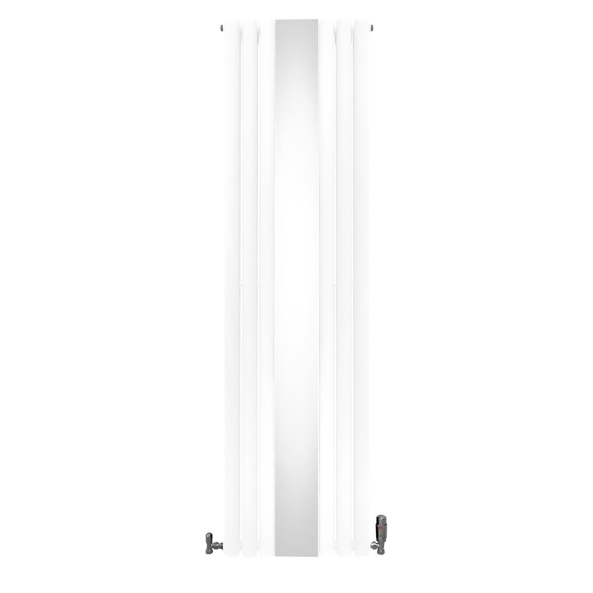 Ovaler Röhrenheizkörper in Weiß mit integriertem Spiegel, ausgestattet mit Chrom-Thermostatventilen, 1800mm x 500mm, modernes Design und glatte Oberfläche