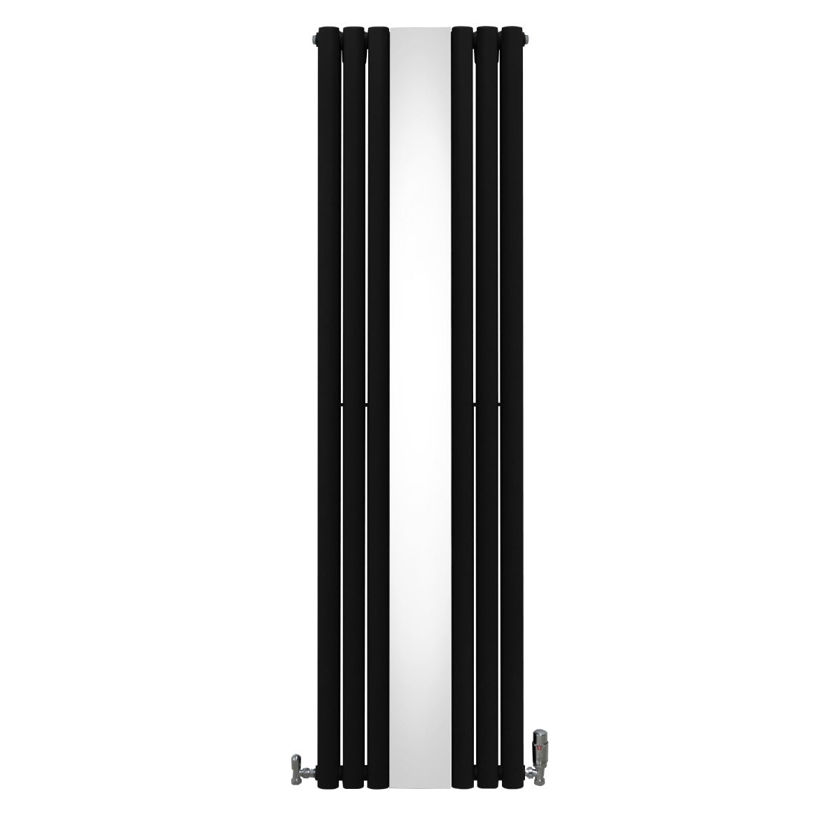 Schwarzer ovaler Röhrenheizkörper mit integriertem Spiegel und Chrom-Thermostatventilen, elegant und modern, ideal für stilvolle Badezimmergestaltung