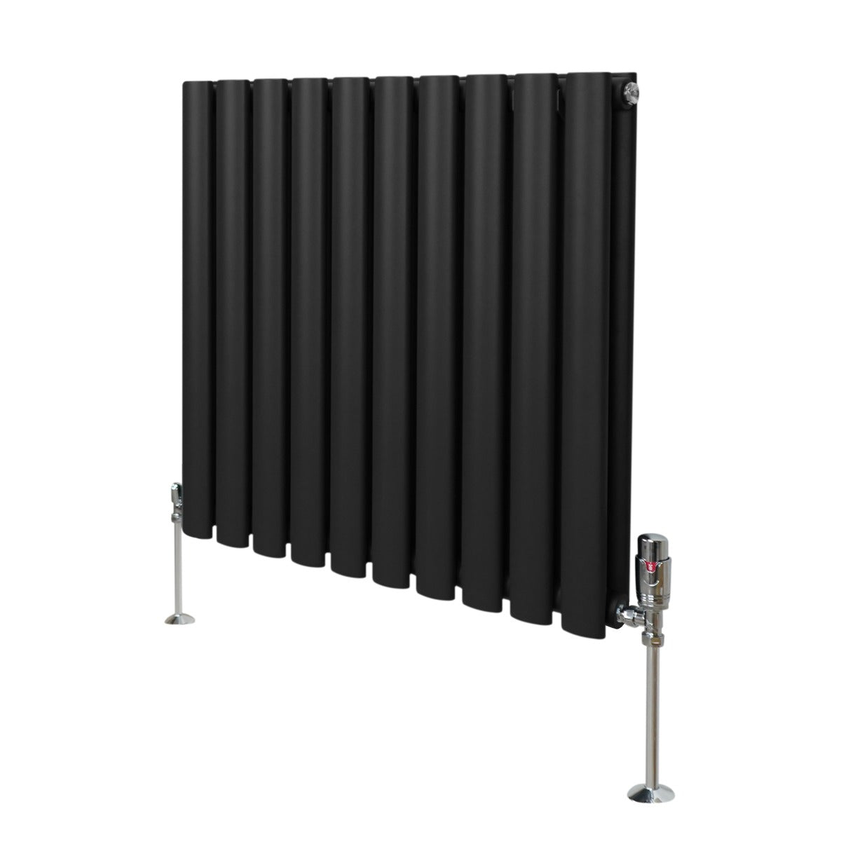 Schwarzer ovaler Röhrenheizkörper mit Chrom-Thermostatventilen, 600mm x 600mm, vertikale Röhrenstruktur, moderne und elegante Optik