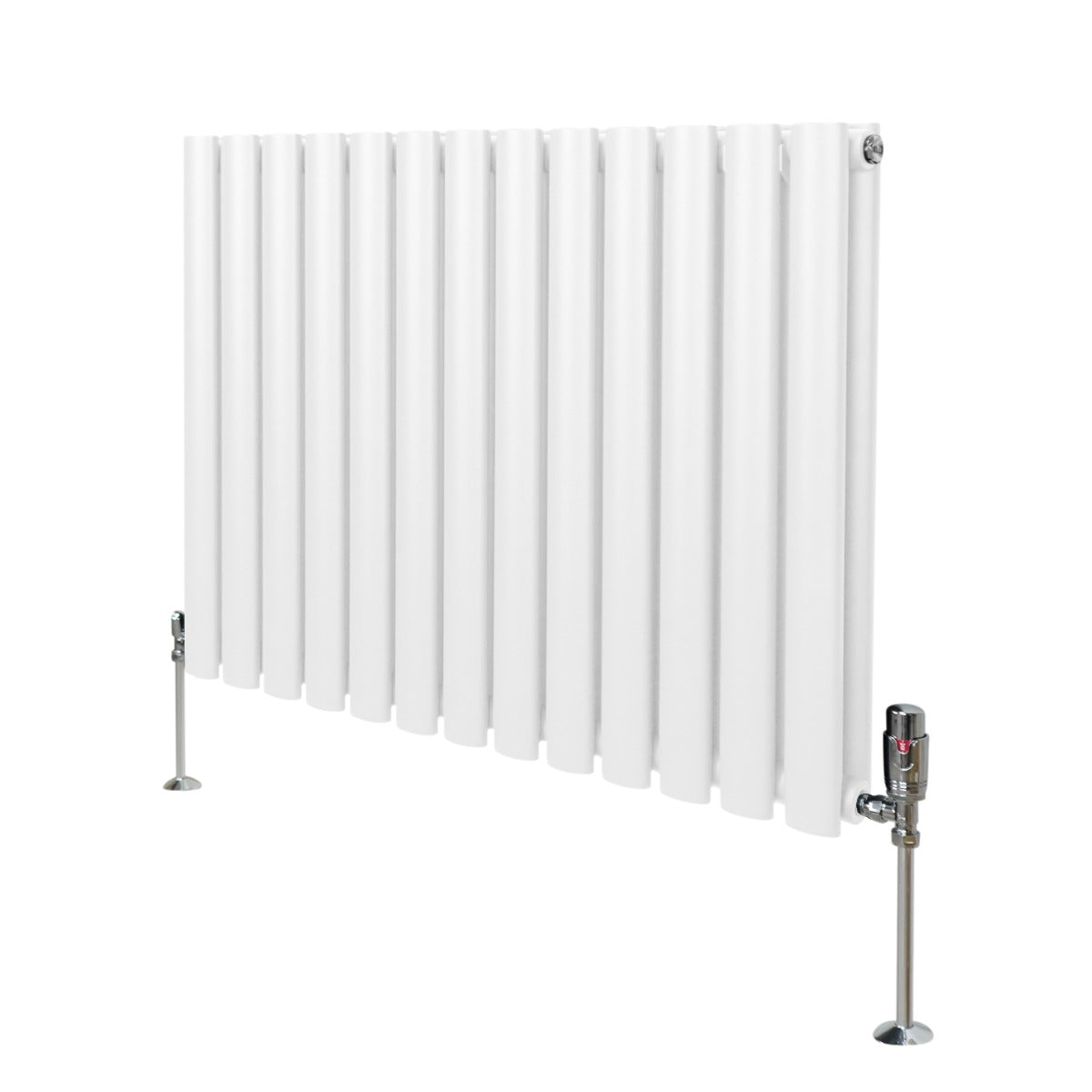 Ovaler Röhrenheizkörper in Weiß mit Chrom-Thermostatventilen, 600mm x 780mm, elegant und modern, ideal für jeden Raum, glänzende Oberfläche und schlankes Design