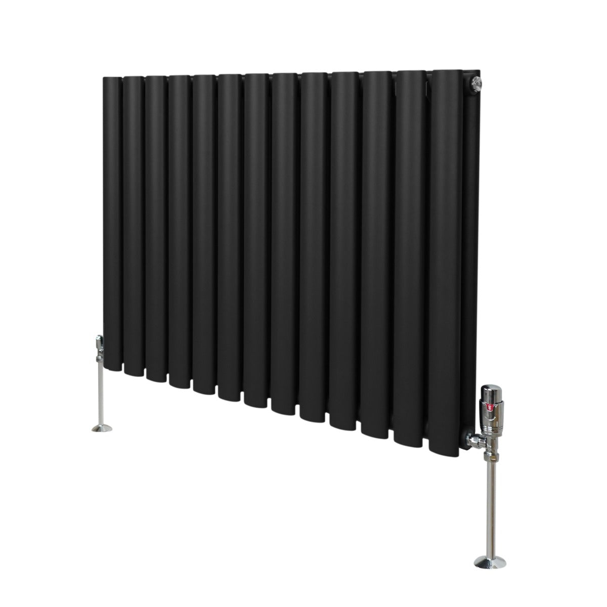 Schwarzer ovaler Röhrenheizkörper mit Chrom-Thermostatventilen, 600mm x 780mm, modernes Design, glänzende Oberflächen und klare Linien