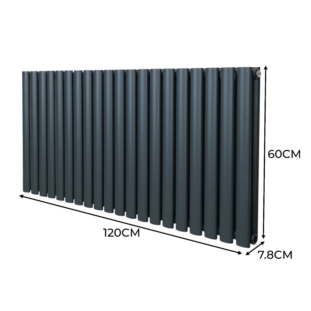 Ovaler Röhrenheizkörper in Anthrazitgrau, 600mm x 1200mm, mit glatten, vertikalen Röhren und Chrom-Thermostatventilen, modernes Design für effiziente Wärme