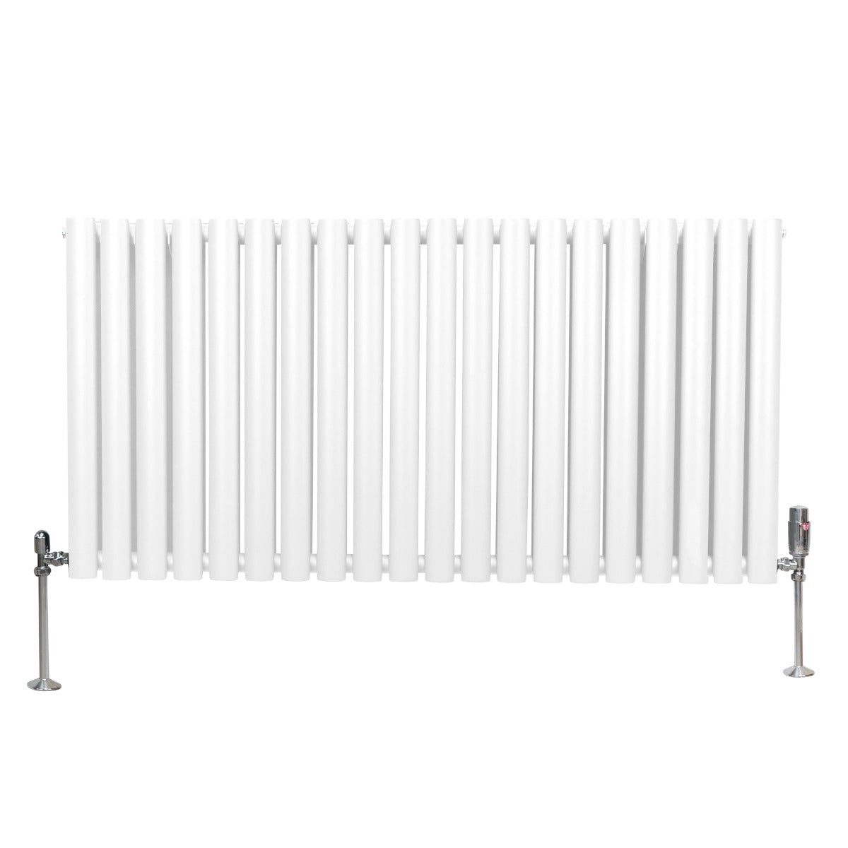 Ovaler Röhrenheizkörper in Weiß mit Chrom-Thermostatventilen, 600mm x 1200mm, zeigt eine glatte, moderne Oberfläche und gleichmäßige vertikale Röhren
