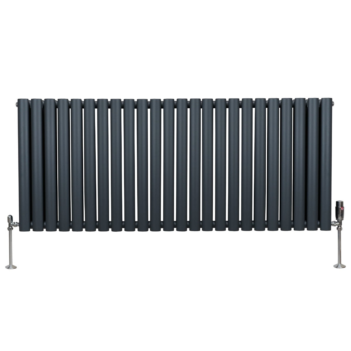 Ovaler Röhrenheizkörper in Anthrazitgrau mit Chrom-Thermostatventilen, 600mm x 1440mm, modernes Design, glatte Oberfläche und gleichmäßige Wärmeverteilung