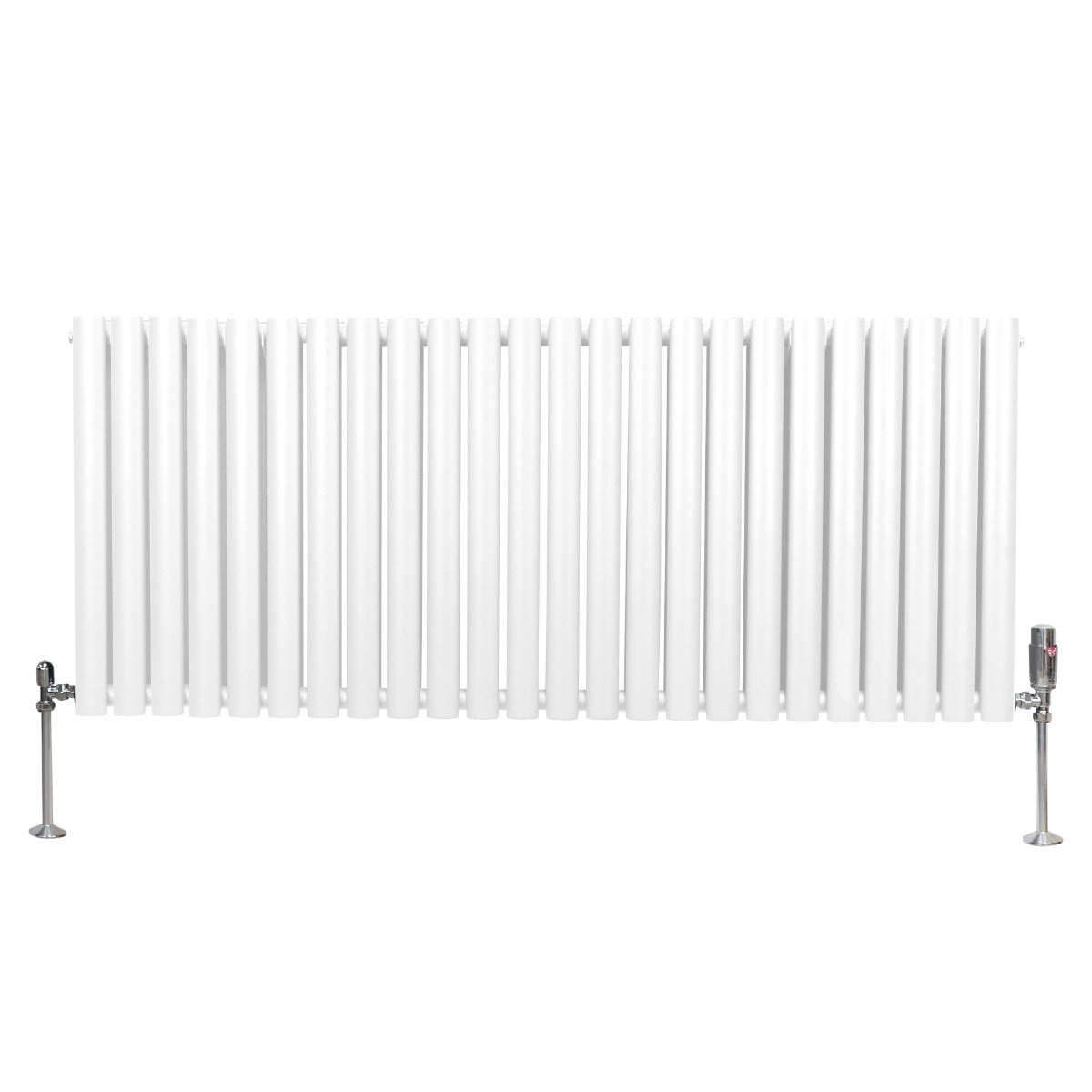 Ovaler Röhrenheizkörper in Weiß mit Chrom-Thermostatventilen, 600mm x 1440mm, bietet modernes Design und effiziente Wärmeverteilung