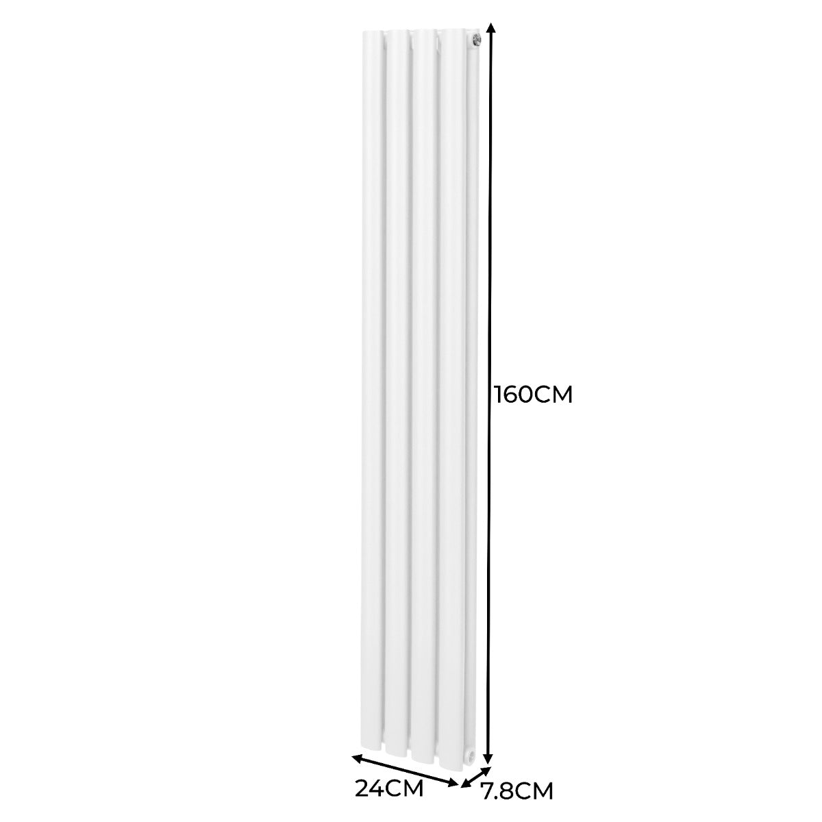 Ovaler Röhrenheizkörper in Weiß mit Chrom-Thermostatventilen, Maße 1600mm x 240mm, schlankes Design, glatte Oberfläche und moderne Ästhetik