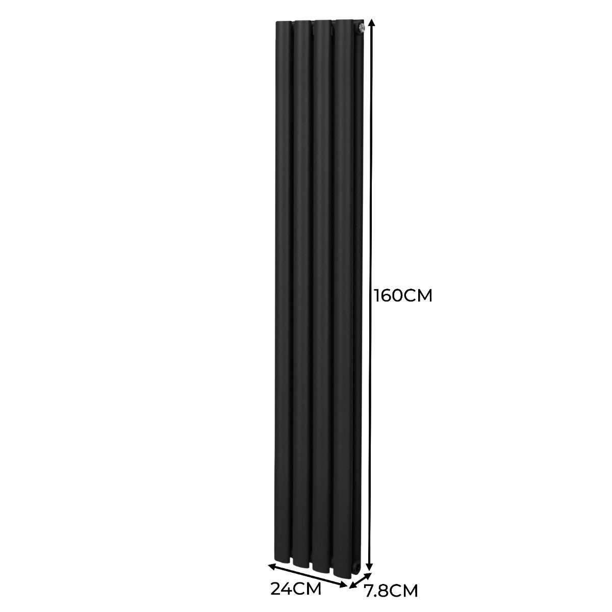 Schwarzer ovaler Röhrenheizkörper mit Chrom-Thermostatventilen, Maße 1600mm x 240mm, schlankes Design und glatte Oberfläche für moderne Innenräume