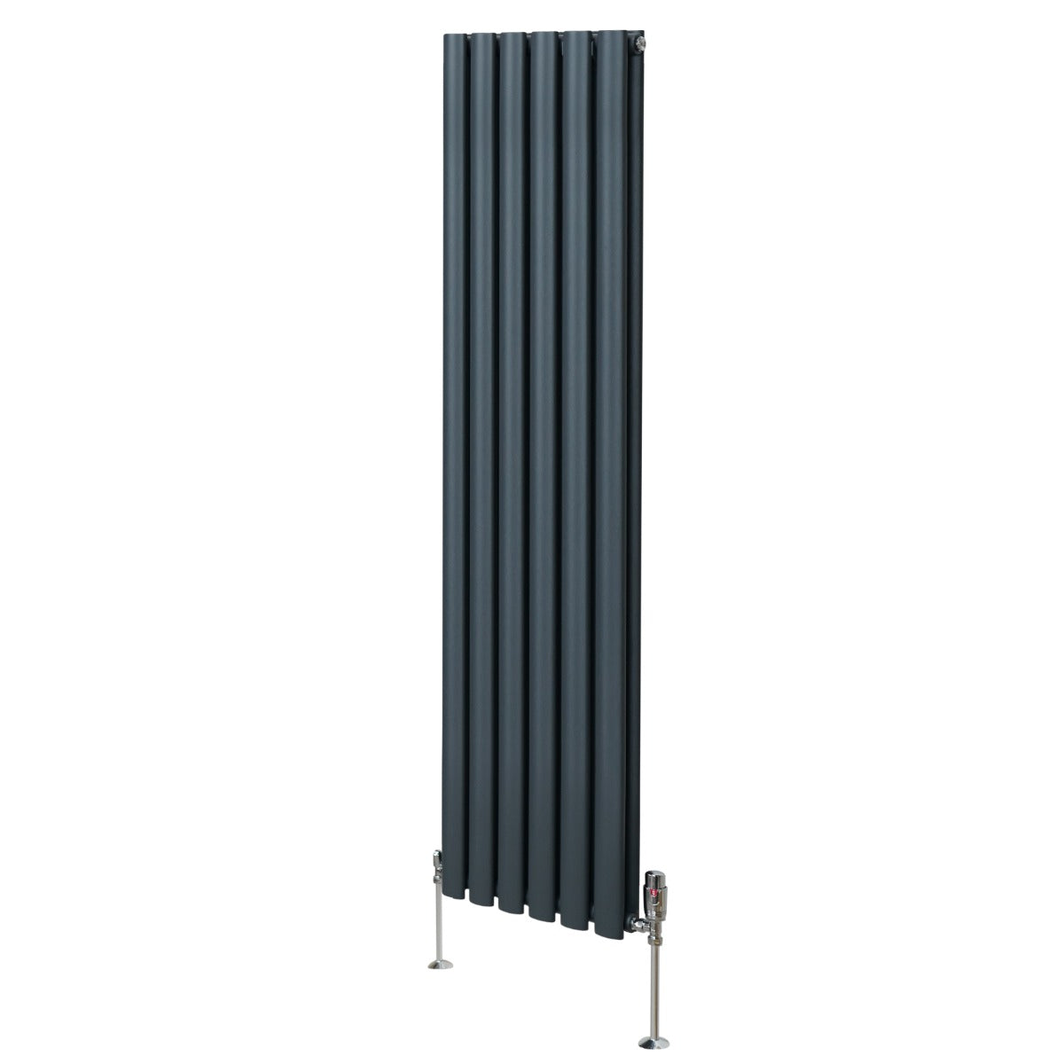 Ovaler Röhrenheizkörper in Anthrazitgrau mit Chrom-Thermostatventilen, 1600mm x 360mm, schlankes Design und glatte Oberfläche für moderne Innenräume