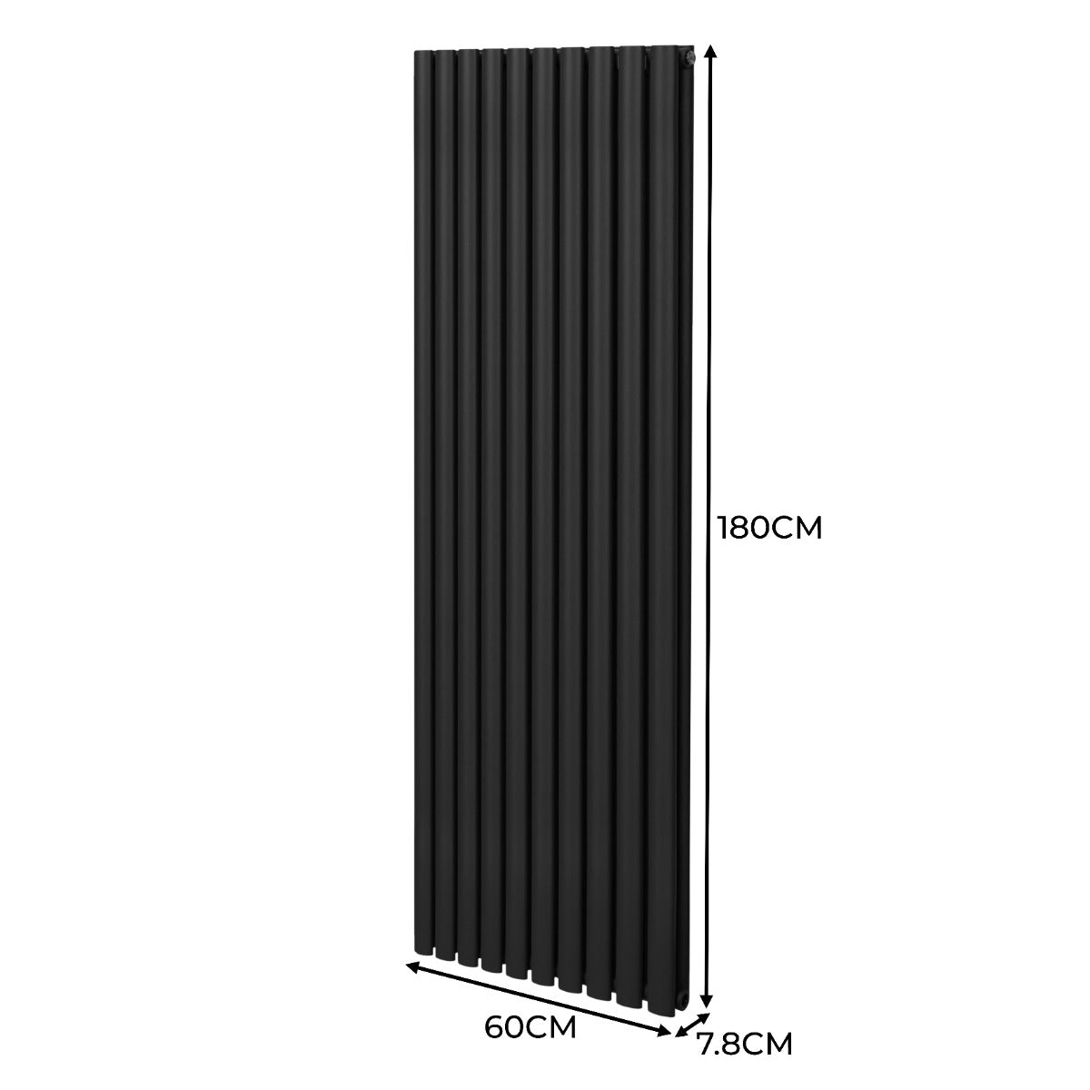 Schwarzer ovaler Röhrenheizkörper mit Chrom-Thermostatventilen, 1800mm x 600mm, vertikale Lamellenstruktur, modernes Design, ideal für stilvolle Räume