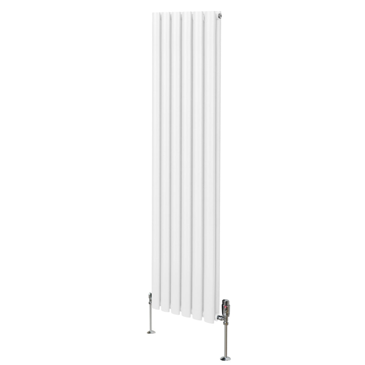 Ovaler Röhrenheizkörper in Weiß mit fünf vertikalen Lamellen und Chrom-Thermostatventilen, 1600mm x 360mm, modernes Design für effiziente Wärme