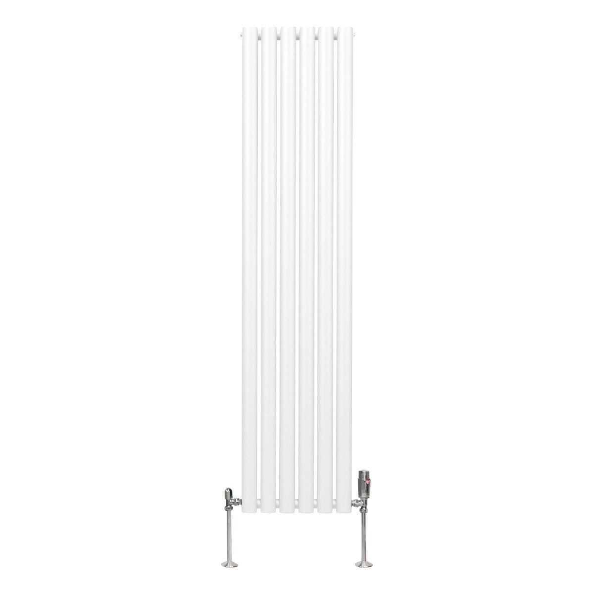 Ovaler Röhrenheizkörper in Weiß, 1600mm x 360mm, mit glänzenden Chrom-Thermostatventilen, schlankes Design und glatte Oberfläche für moderne Räume