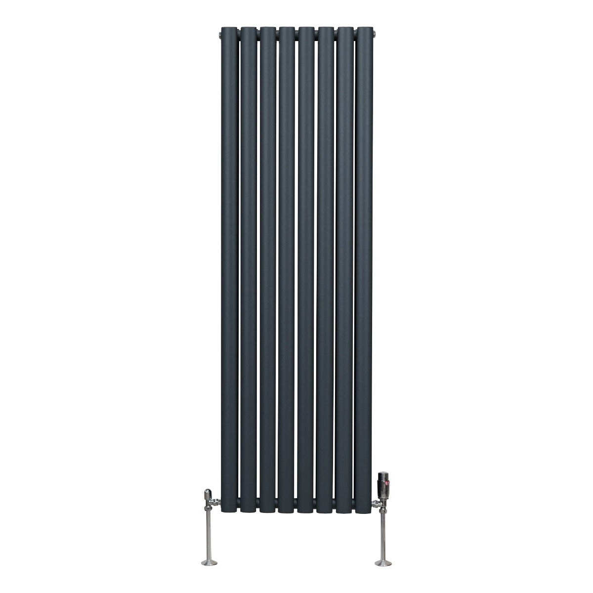 Ovaler Röhrenheizkörper in Anthrazitgrau, 1600mm x 480mm, mit verchromten Thermostatventilen, vertikale Lamellenstruktur und moderne, elegante Form