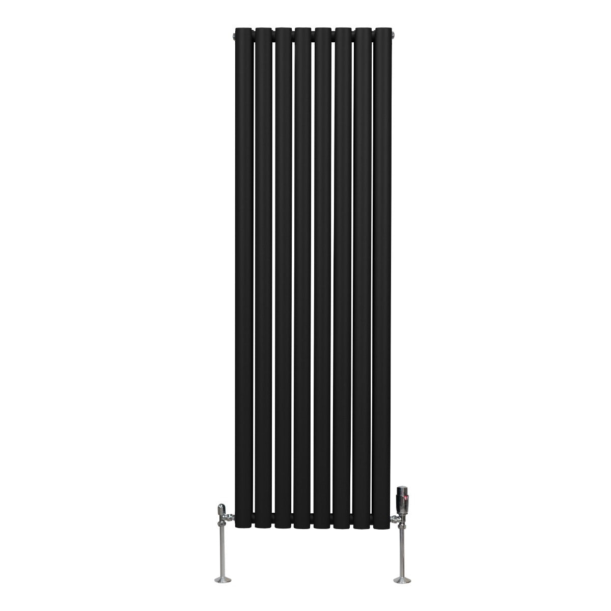 Schwarzer ovaler Röhrenheizkörper mit Chrom-Thermostatventilen, 1600mm x 480mm, vertikale Lamellenstruktur und moderne, elegante Optik
