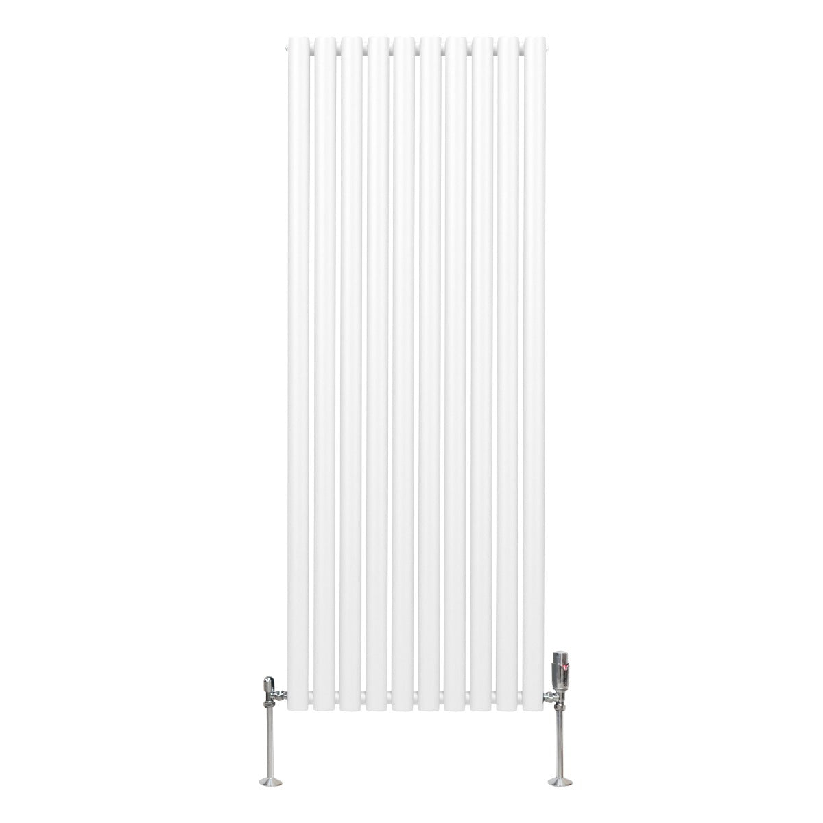 Ovaler Röhrenheizkörper in Weiß mit Chrom-Thermostatventilen, 1600mm x 600mm, vertikale Lamellenstruktur, modern und elegant für jeden Raum