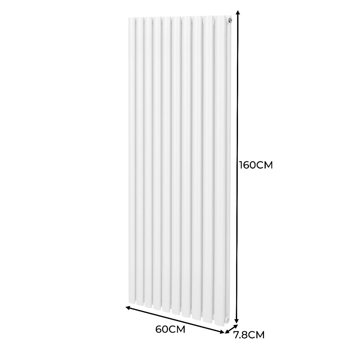 Ovaler Röhrenheizkörper in Weiß mit Chrom-Thermostatventilen, Maße 1600mm x 600mm, vertikale Lamellenstruktur, glatte Oberfläche und modernes Design