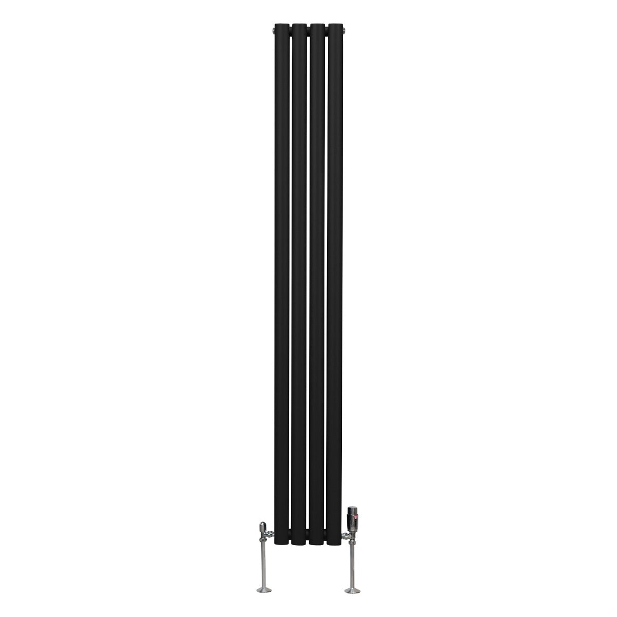 Schwarzer ovaler Röhrenheizkörper mit drei vertikalen Röhren und Chrom-Thermostatventilen, ideal für moderne Innenräume und effiziente Wärmeverteilung