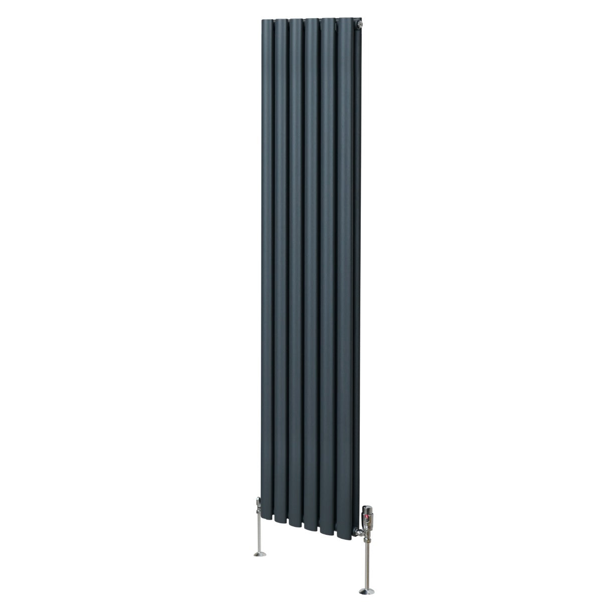 Ovaler Röhrenheizkörper in Anthrazitgrau mit Chrom-Thermostatventilen, 1800mm x 360mm, vertikale Lamellenstruktur und elegantes Design