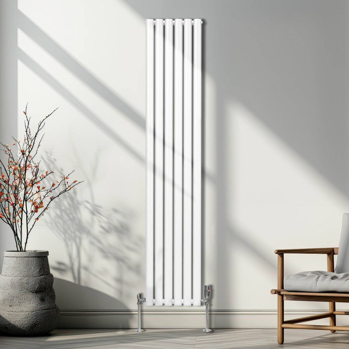 Ovaler Röhrenheizkörper in Weiß mit Chrom-Thermostatventilen, 1800mm x 360mm, elegant und modern, ideal für stilvolle Innenräume