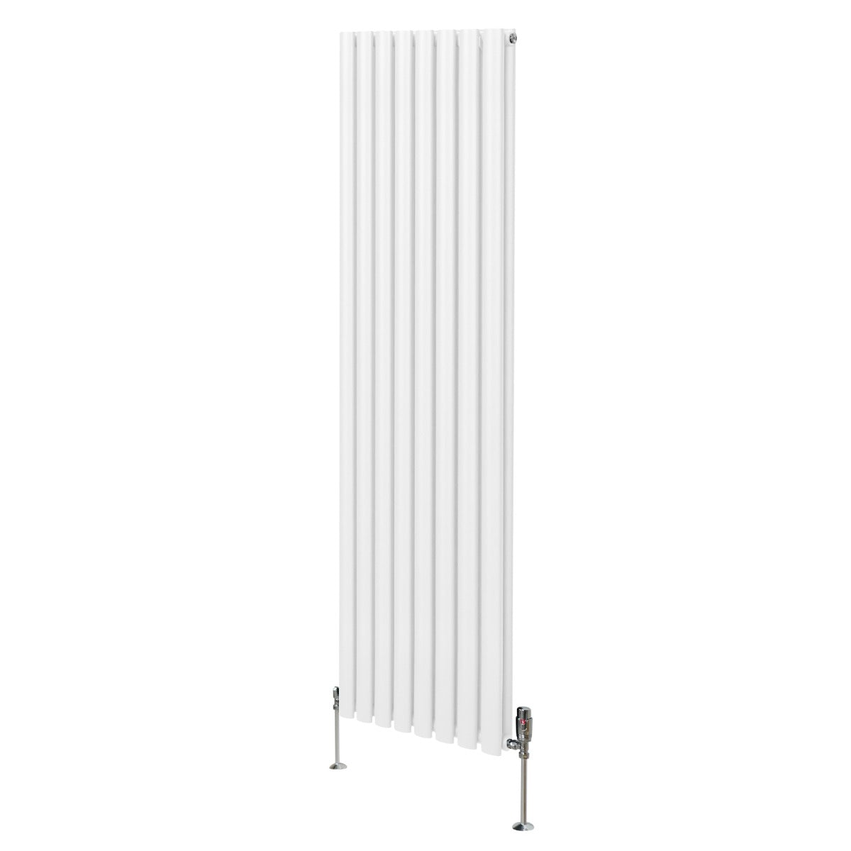 Ovaler Röhrenheizkörper in Weiß mit vertikalen Lamellen, 1800mm x 480mm, ausgestattet mit Chrom-Thermostatventilen für effiziente Wärmeverteilung