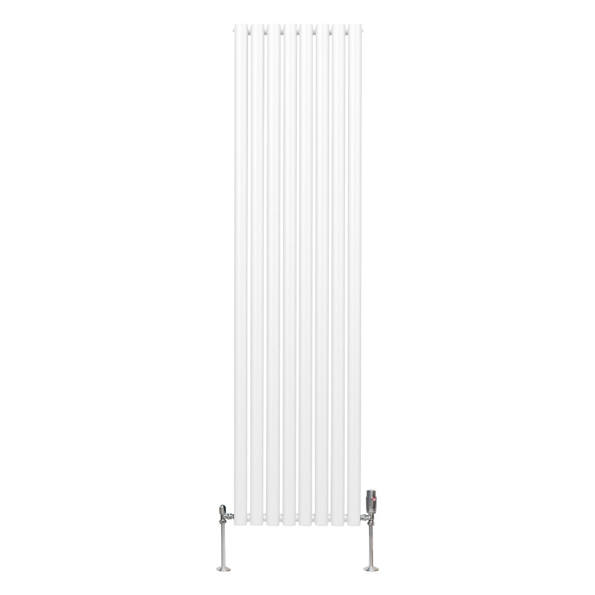 Ovaler Röhrenheizkörper in Weiß, 1800mm x 480mm, mit glänzenden Chrom-Thermostatventilen, schlankes Design und glatte Oberflächen für moderne Räume