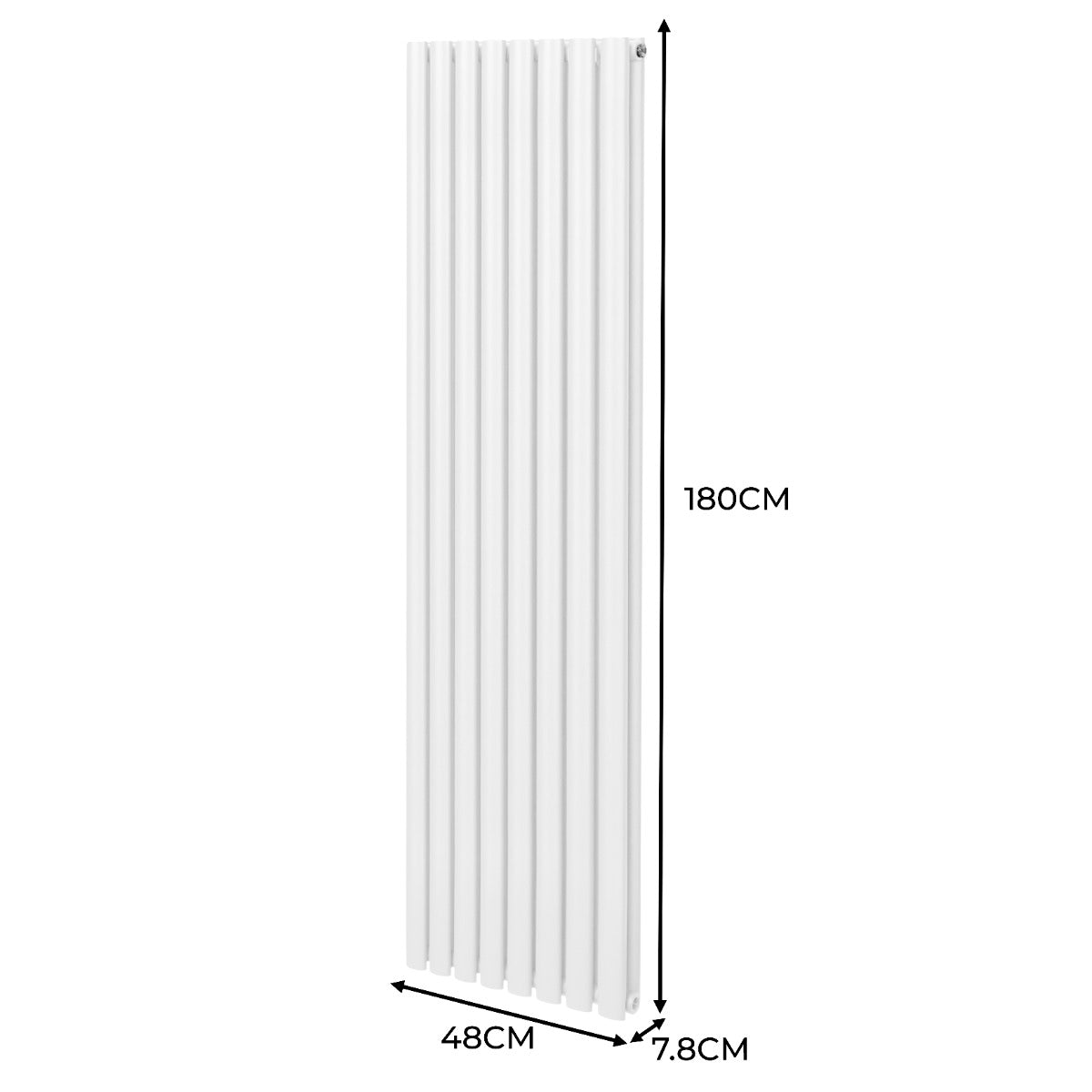 Ovaler Röhrenheizkörper in Weiß, 1800mm x 480mm, mit glatter Oberfläche und vertikalen Lamellen für effiziente Wärmeverteilung und modernes Design