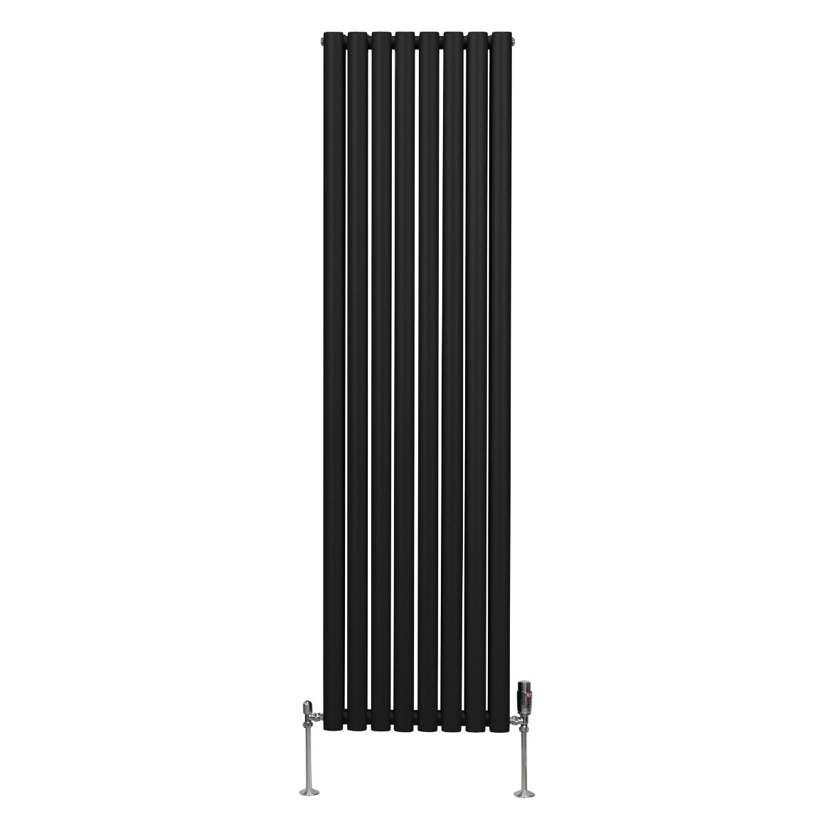 Schwarzer ovaler Röhrenheizkörper mit Chrom-Thermostatventilen, 1800mm x 480mm, vertikale Anordnung, moderne und elegante Gestaltung