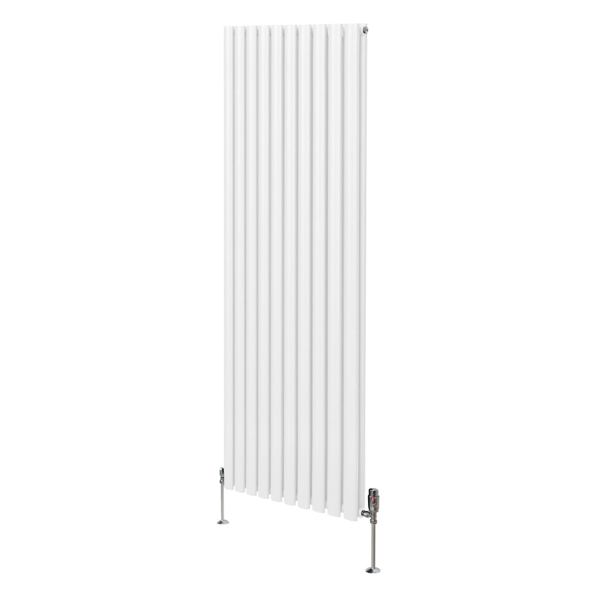 Ovaler Röhrenheizkörper in Weiß, 1800mm x 600mm, mit vertikalen Lamellen und Chrom-Thermostatventilen, ideal für moderne Wohnräume