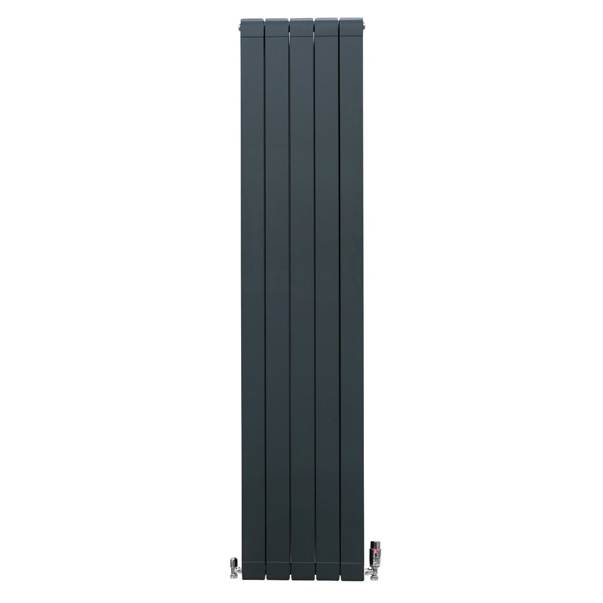 Anthrazitgrauer Aluminium Paneelheizkörper mit schlankem Design, ausgestattet mit Chrom Thermostatventilen, misst 1800mm x 395mm