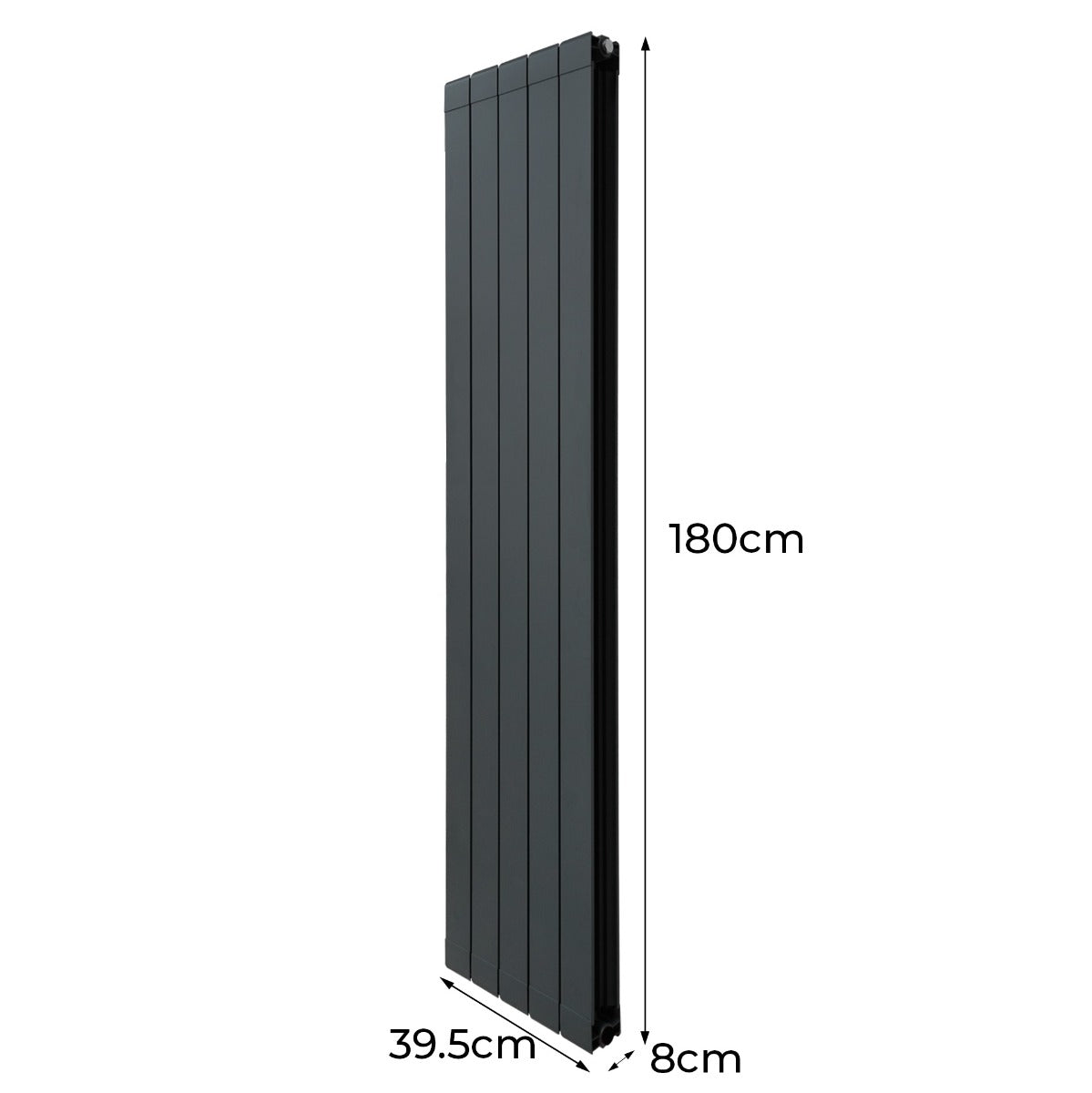 Anthrazitgrauer Aluminium Paneelheizkörper mit schlankem Design, 1800mm hoch und 395mm breit, ideal für moderne Innenräume und effiziente Wärmeverteilung