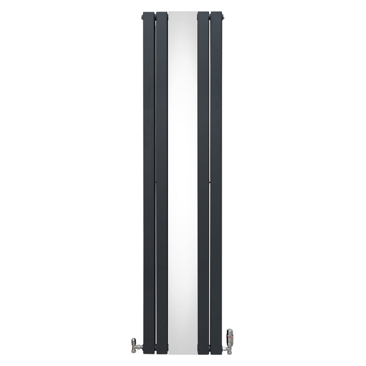 Heizkörper in Anthrazitgrau mit integriertem Spiegel und Chrom-Thermostatventilen, schlankes, modernes Design, ideal für stilvolle Badezimmer und Wohnräume