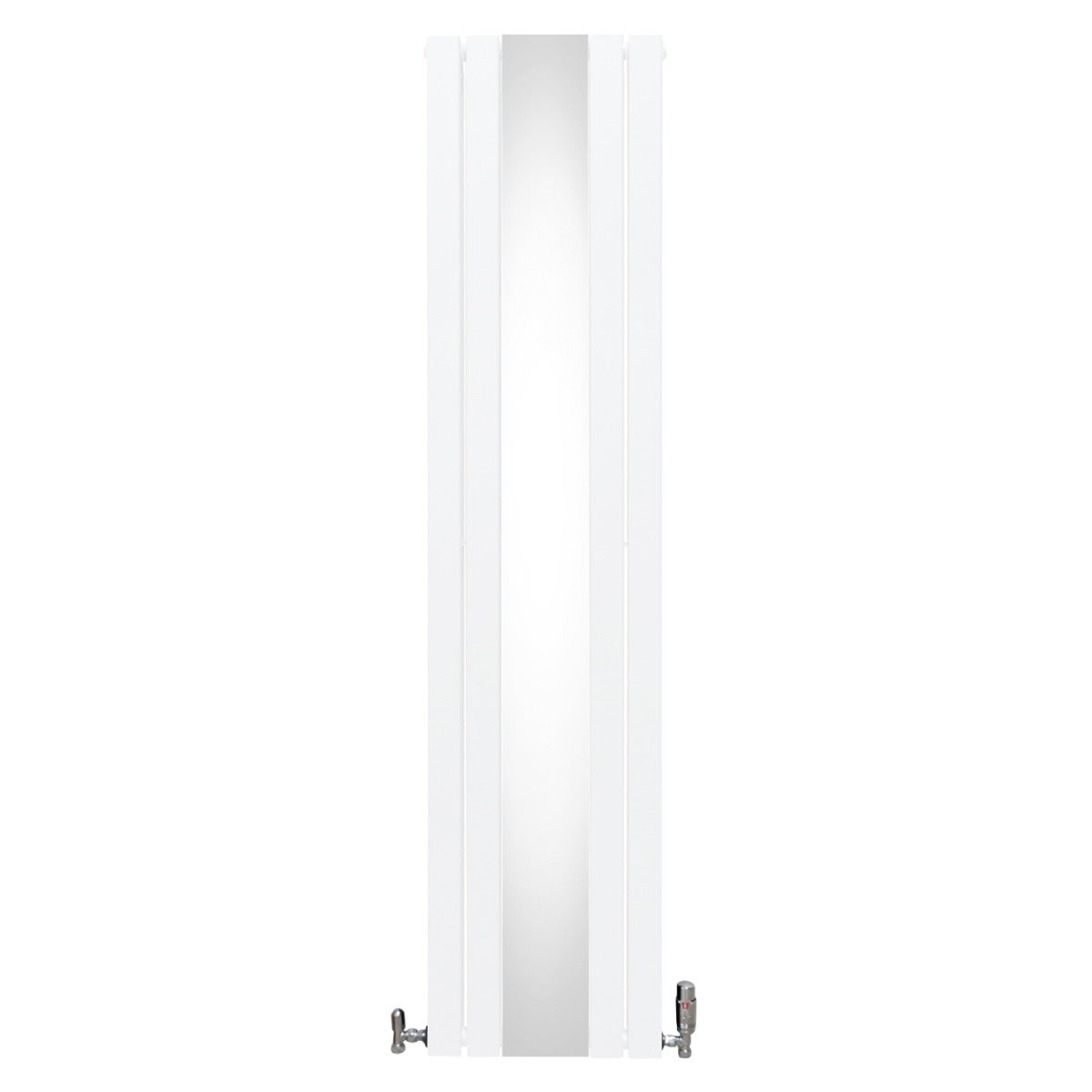 Eleganter weißer Heizkörper mit integriertem Spiegel und Chrom-Thermostatventilen, schlankes Design, ideal für moderne Badezimmer und Wohnräume