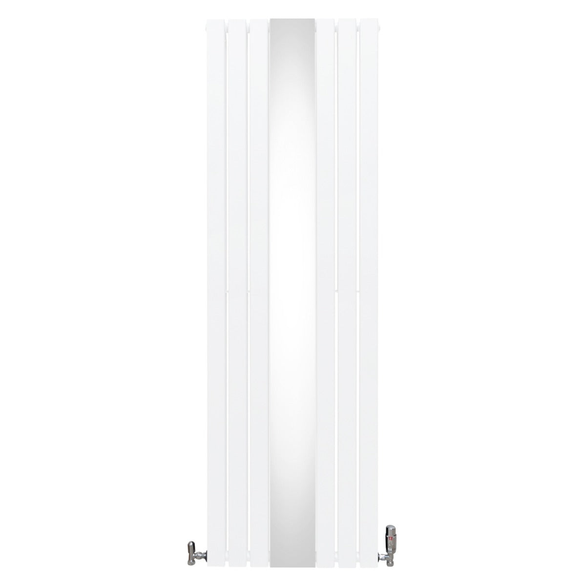 Eleganter weißer Heizkörper mit integriertem Spiegel und Chrom-Thermostatventilen, schlankes Design, 1800mm x 565mm, ideal für moderne Badezimmer