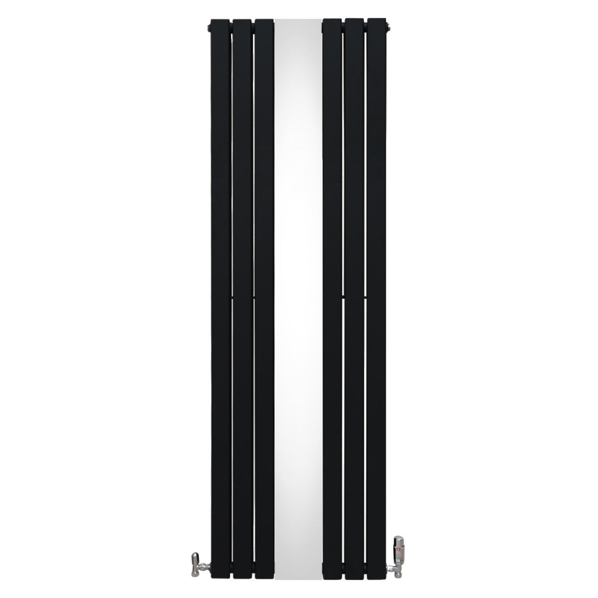 Schwarzer Heizkörper mit integriertem Spiegel und Chrom-Thermostatventilen, schlankes Design, vertikale Lamellenstruktur, moderne Ästhetik
