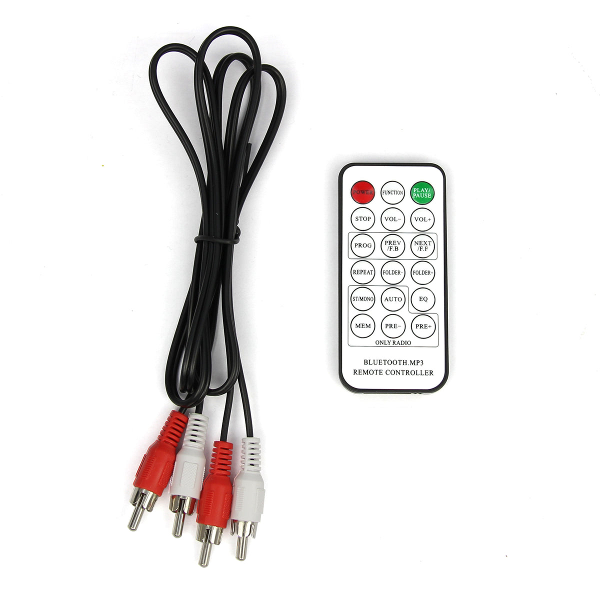 Schwarzes Kabel mit roten und weißen Cinch-Steckern, daneben eine Fernbedienung mit Tasten für Lautstärke und Wiedergabe, ideal für Vinyl-Jukeboxen