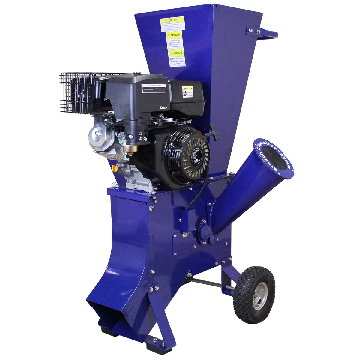 Der T-Mech 15PS Holzhäcksler in kräftigem Blau mit robustem Motor, großen Rädern und einem breiten Auswurfrohr für effizientes Häckseln von Holz