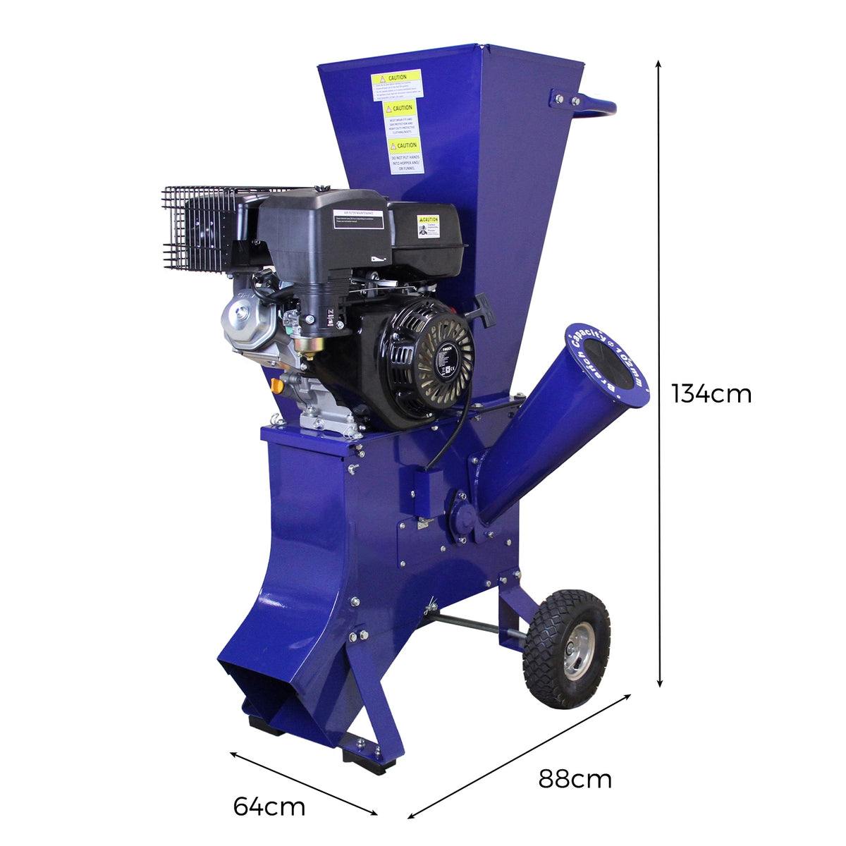 Der T-Mech 15PS Holzhäcksler in Blau mit robustem Motor, großen Rädern und einem breiten Auswurfrohr, ideal für effizientes Häckseln von Holz